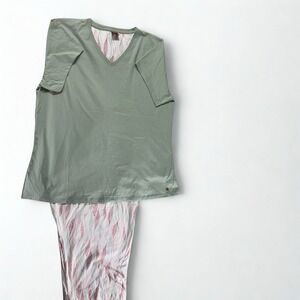 Pzama Women Sage Green Botanical Feather Print 100% Cotton Pajama Set Size 52